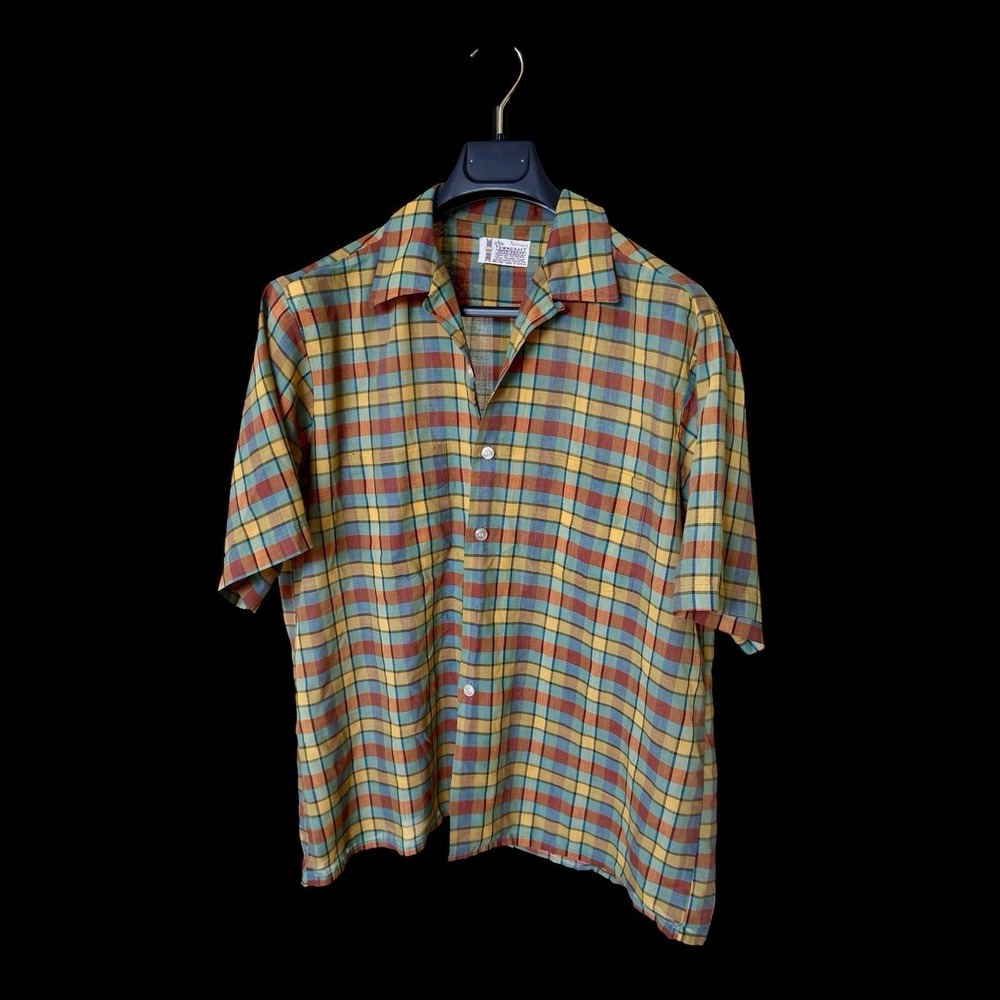 Vintage 60s Penneys Towncraft Shirt Loop Collar Plaid Large Short Sleeve Flaw